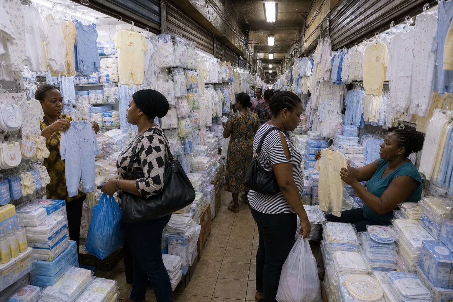 Packed Balogun Market shops in Lagos Island selling baby clothes, onesies, and infant supplies