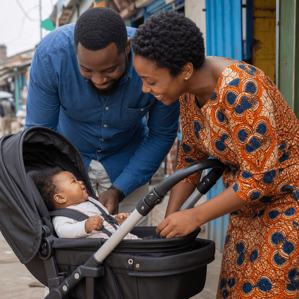 Parents looking at their baby in a stroller